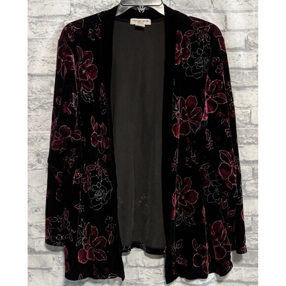 Notations Woman Open Front Cardigan Sweater 2X Black Red Floral Velour - Picture 1 of 11